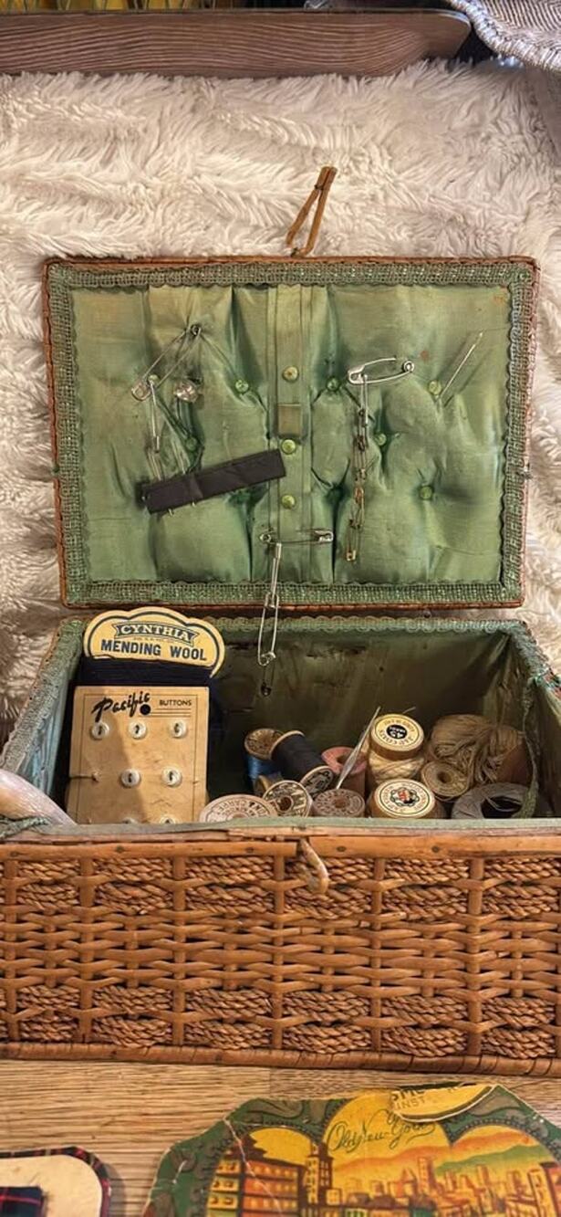 Vintage sewing basket and notions